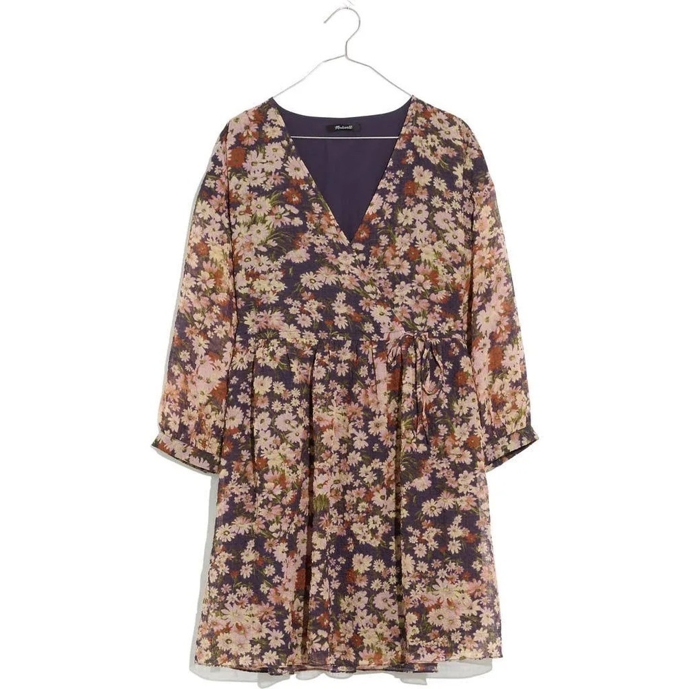 Madewell  garden Floral Faux Wrap Mini Dress Large Daisy Long Sleeve Drawstring